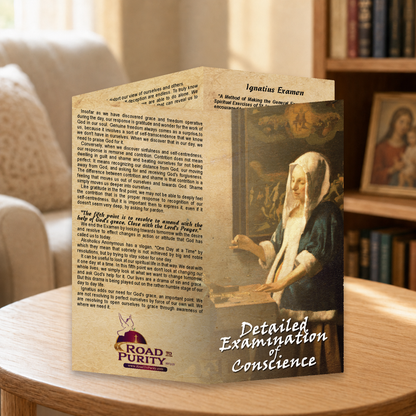 Detailed Examination of Conscience prayer card displayed in a warm Catholic reading area
