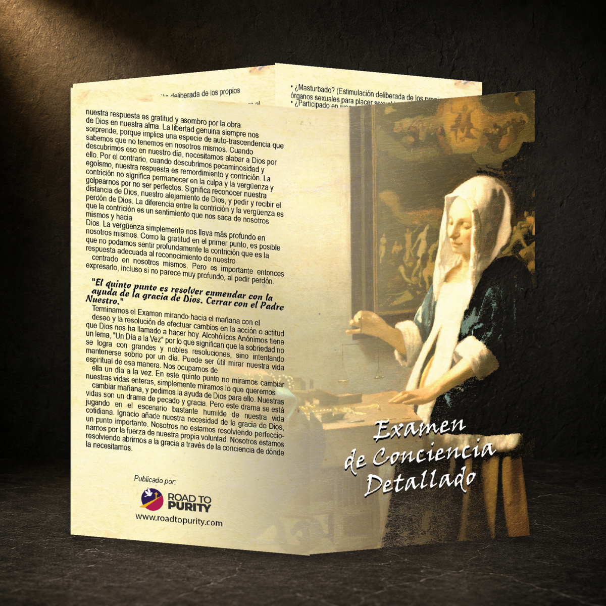Detailed Examination of Conscience prayer card in a dark premium devotional setting