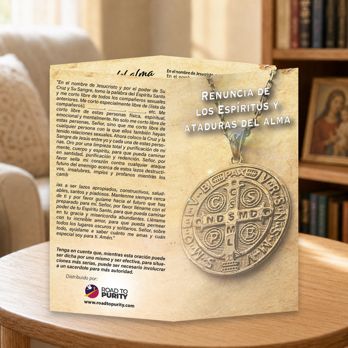 Renunciation of Spirits and Soul Ties prayer card displayed in a warm Catholic reading area