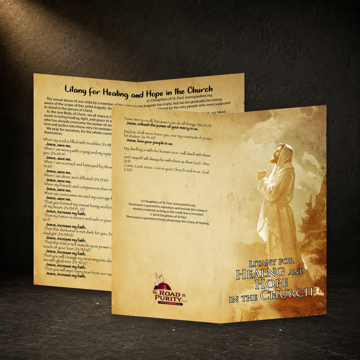 Litany for Healing and Hope in the Church prayer card in a dark premium devotional setting
