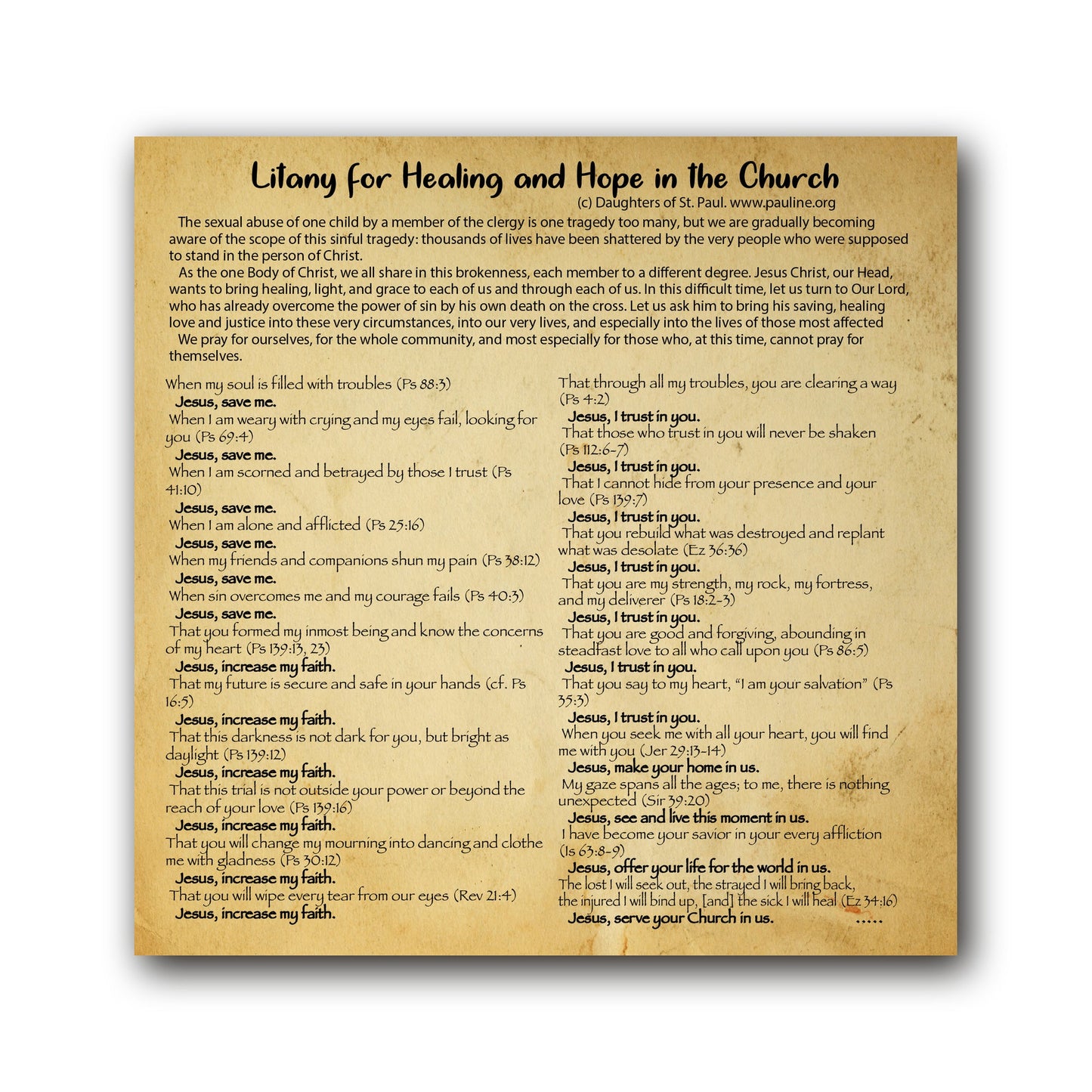 Litany for Healing and Hope in the Church - Prayer Card / 3" x 6" folded — inside