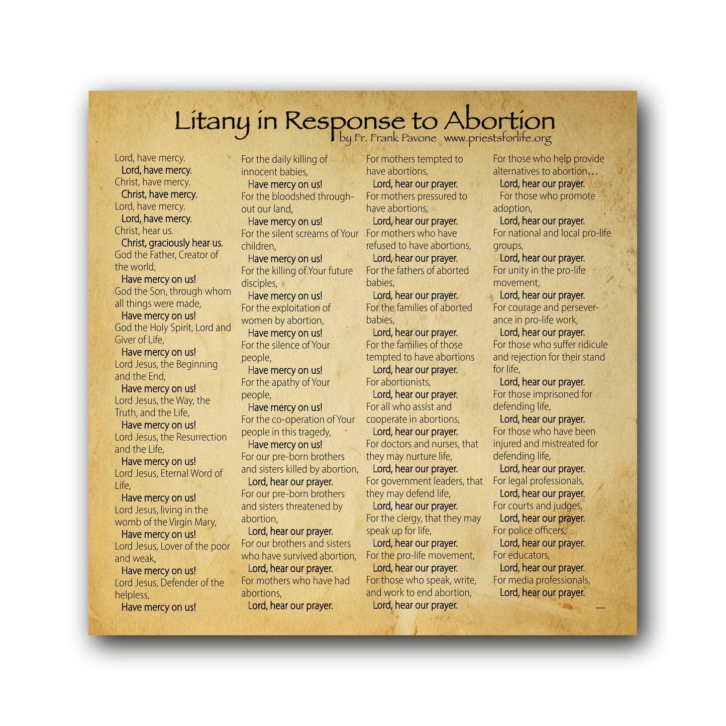 Litany in Response to Abortion  - Prayer Card / 3" x 6" folded — inside