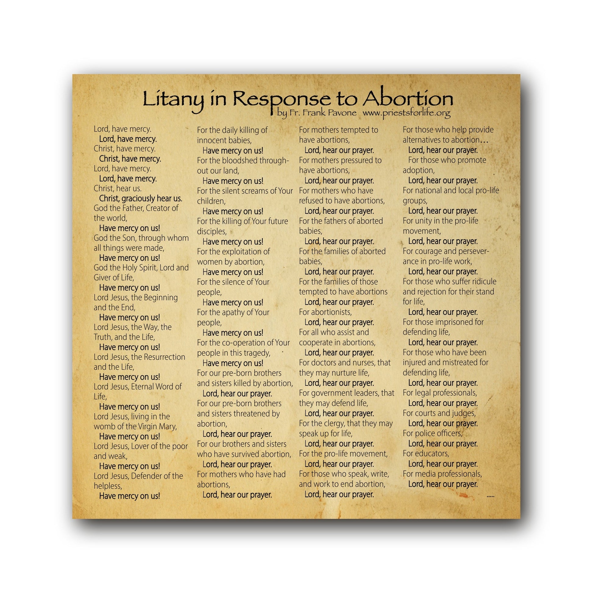 Litany in Response to Abortion  - Prayer Card / 3" x 6" folded — inside