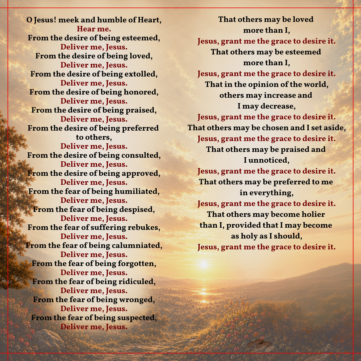 Corrected original inside panel artwork for the Litany of Humility prayer card