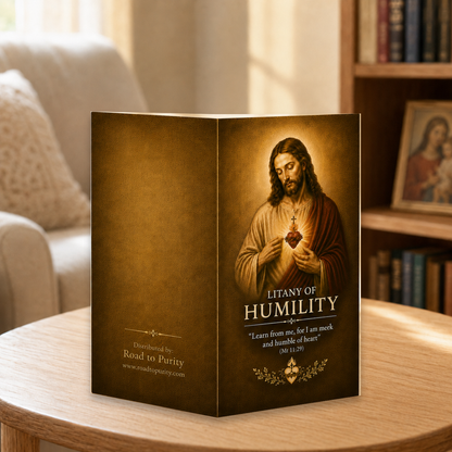 Litany of Humility prayer card displayed in a warm Catholic reading area