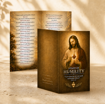 Litany of Humility folded prayer card showing the outside and inside designs