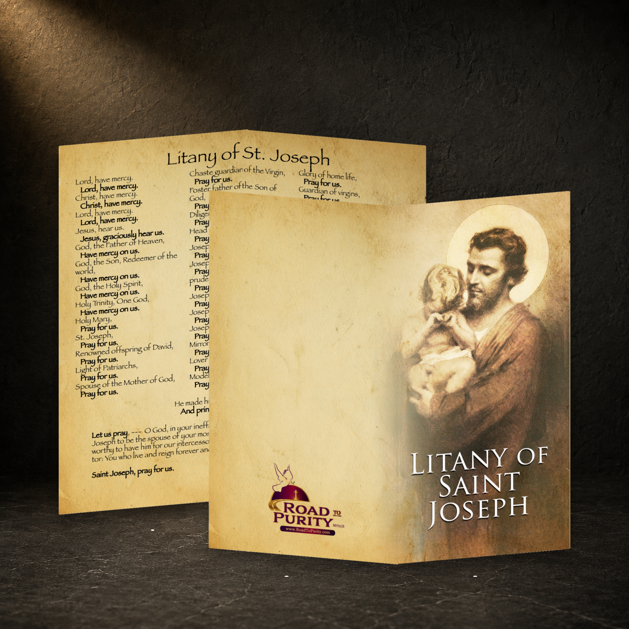 Litany of Saint Joseph prayer card in a dark premium devotional setting