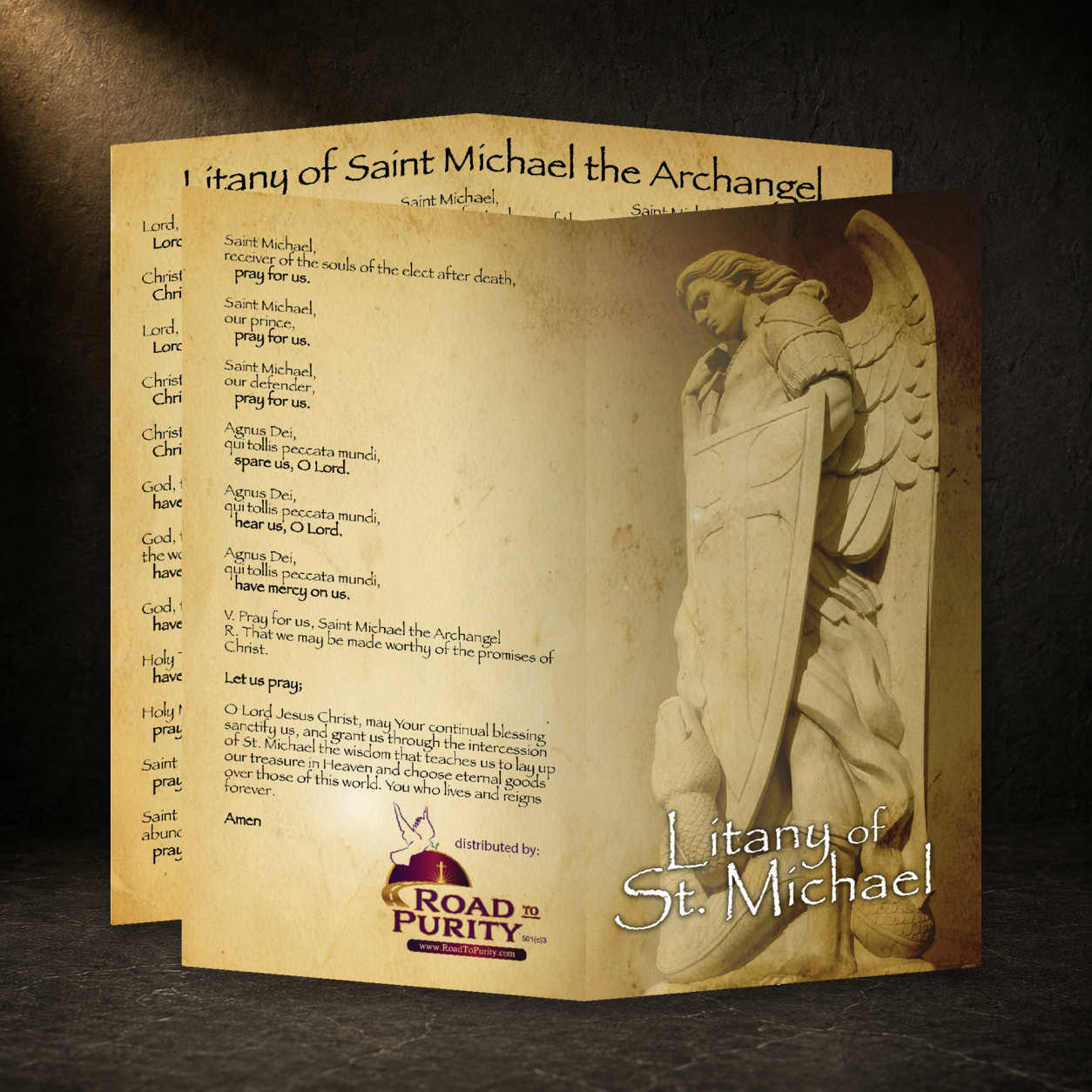 Litany of St Michael prayer card in a dark premium devotional setting
