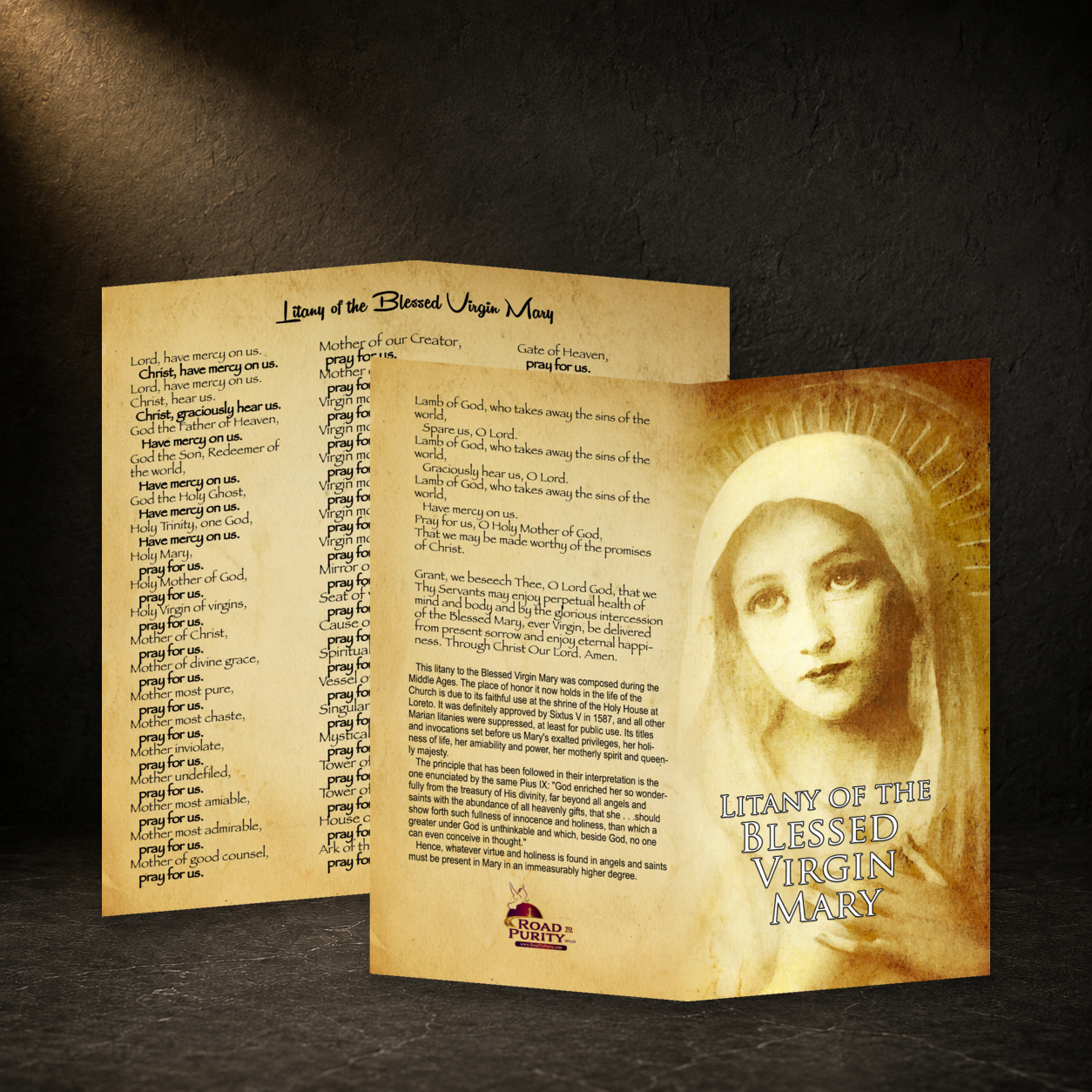 Litany of the Blessed Virgin Mary prayer card in a dark premium devotional setting