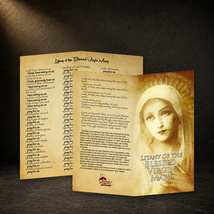 Litany of the Blessed Virgin Mary prayer card in a dark premium devotional setting