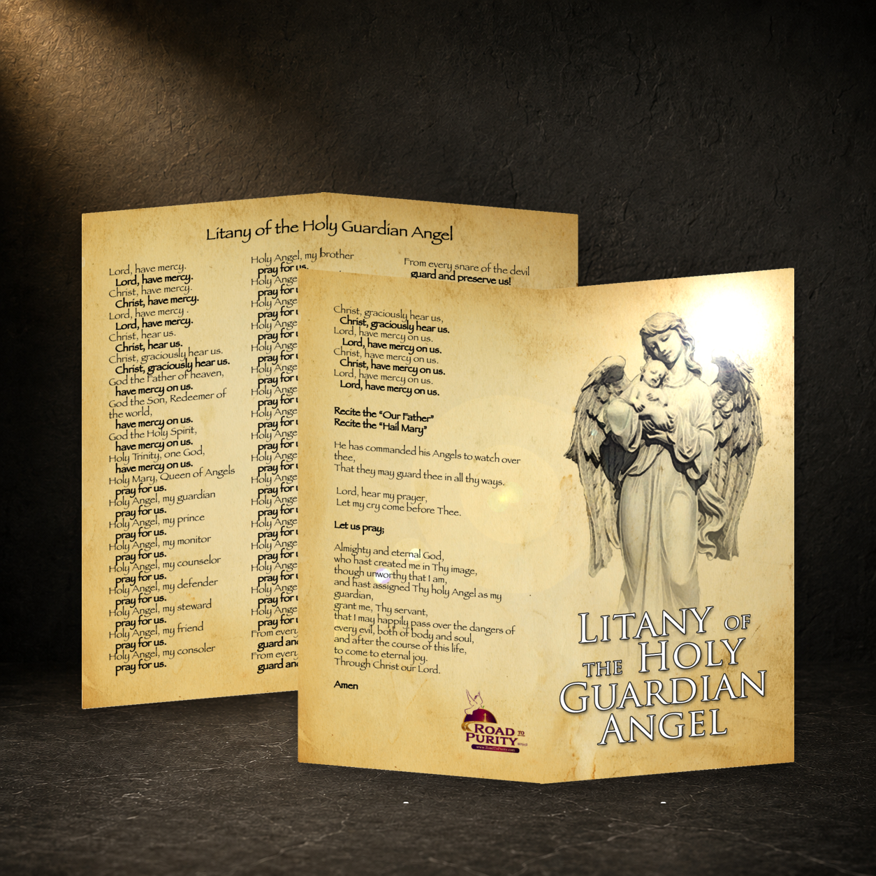 Litany of the Holy Guardian Angel prayer card in a dark premium devotional setting