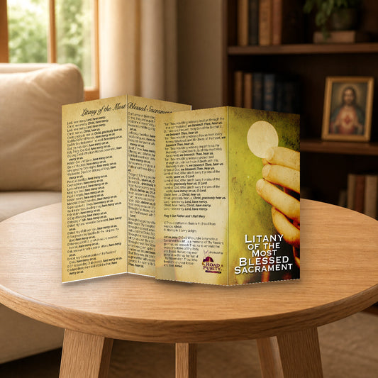 Litany of the Most Blessed Sacrament prayer card — home mockup
