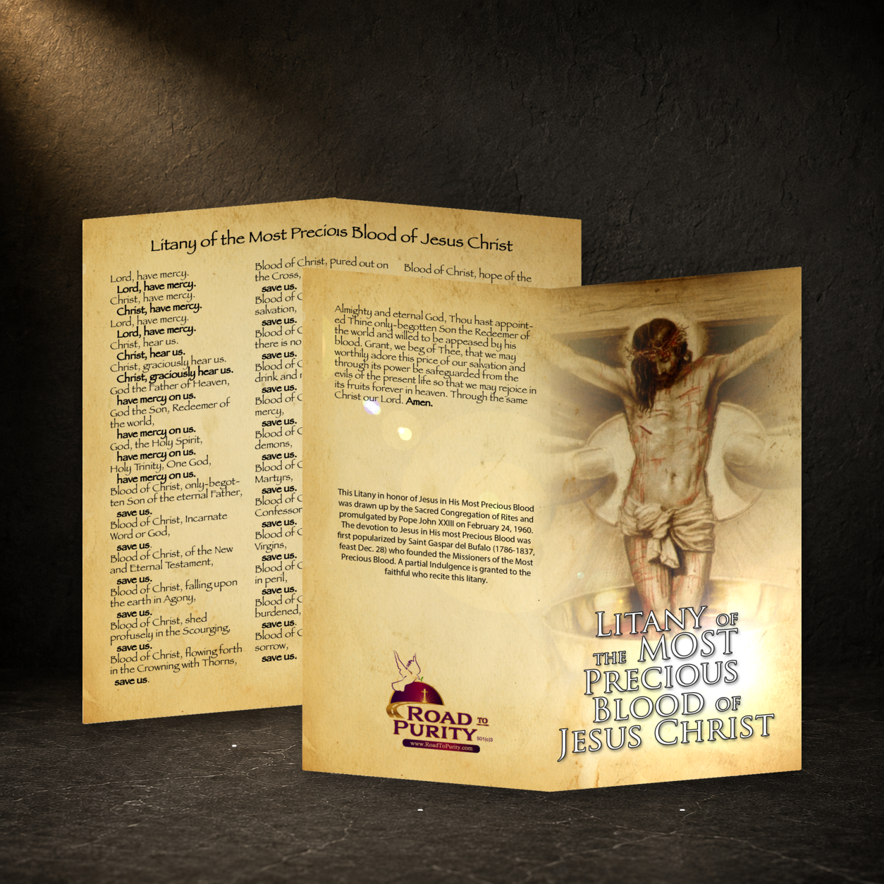 Litany of the Most Precious Blood of Jesus Christ prayer card in a dark premium devotional setting