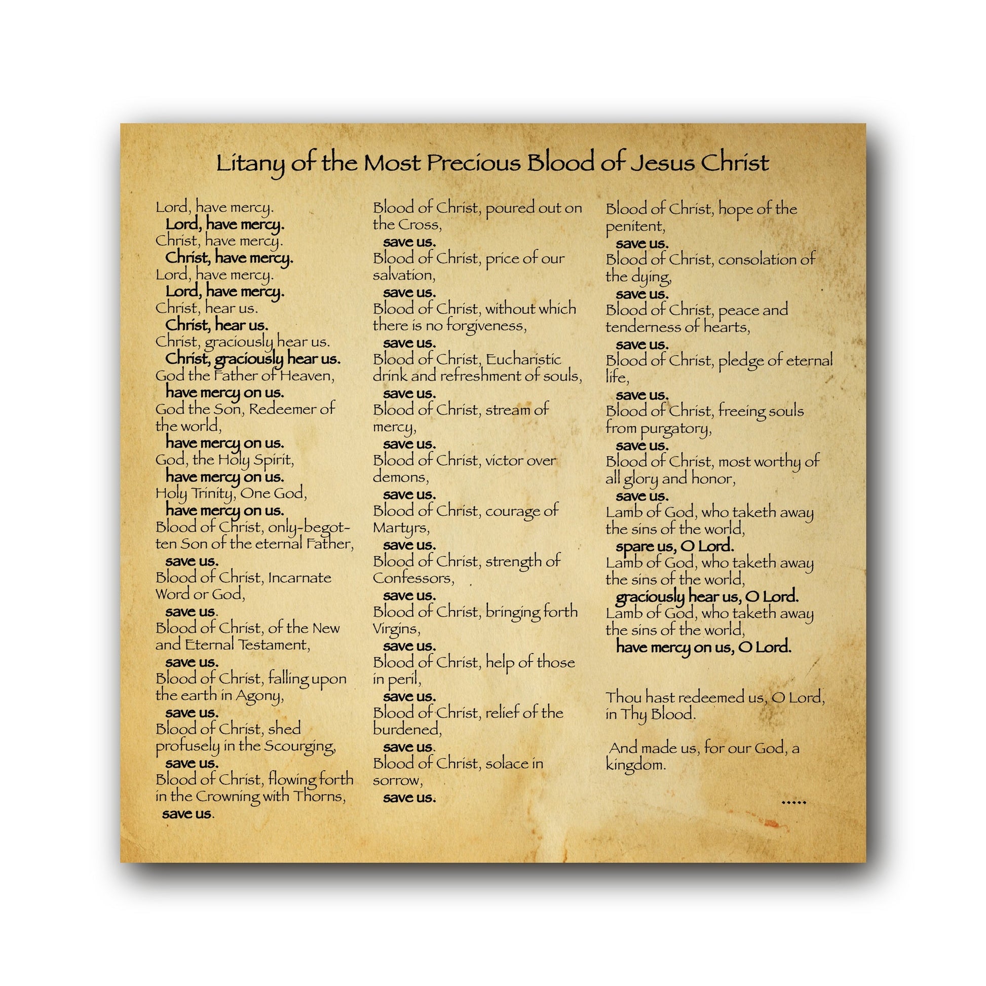 Litany of the Most Precious Blood of Jesus Christ - Prayer Card / 3" x 6" folded — inside