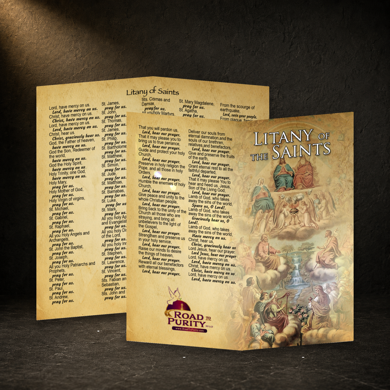 Litany of the Saints prayer card in a dark premium devotional setting