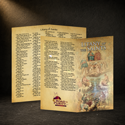 Litany of the Saints prayer card in a dark premium devotional setting
