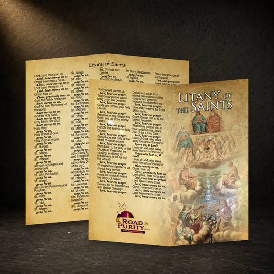 Litany of the Saints prayer card in a dark premium devotional setting