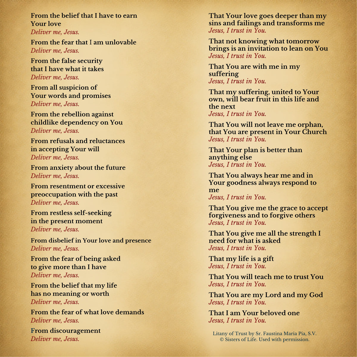 Litany of Trust prayer card — inside