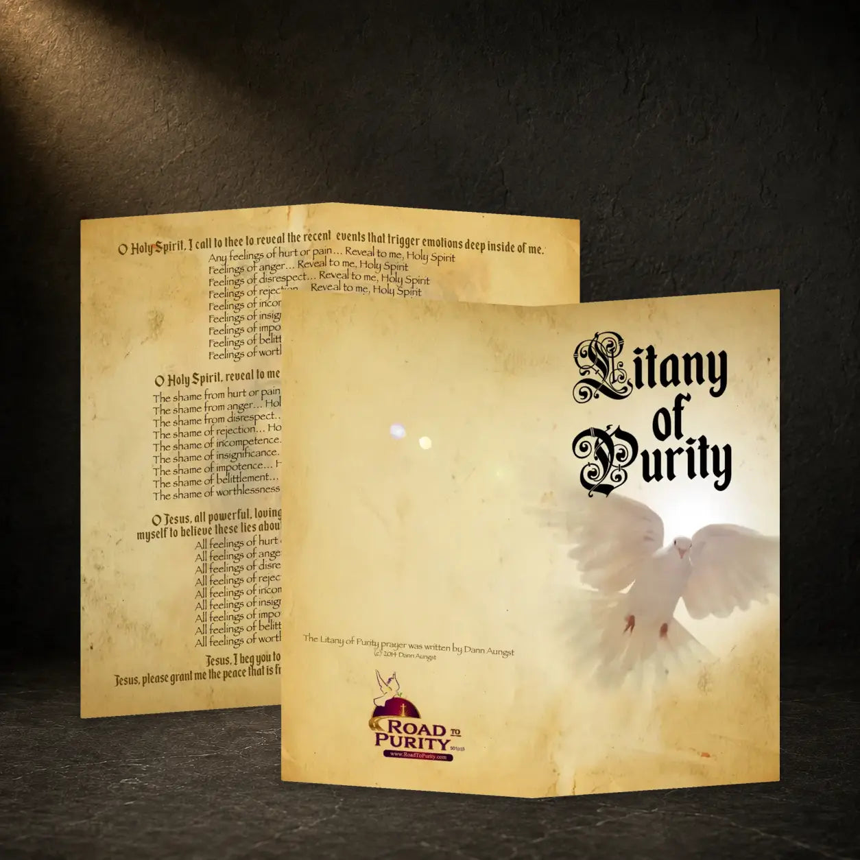 Litany of Purity prayer card in a dark premium devotional setting