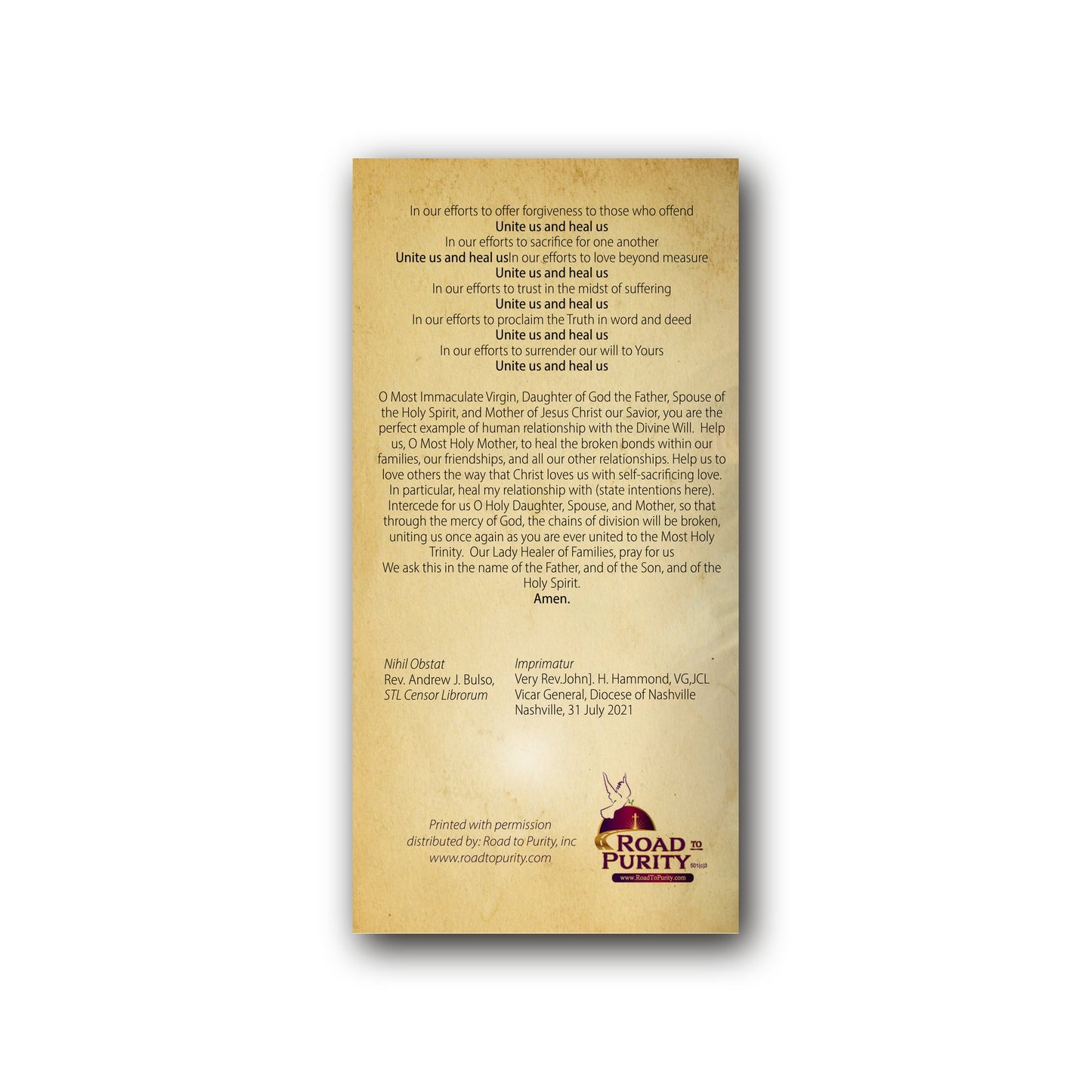 Litany to Our Lady Healer of Families  - Prayer Card / 3" x 6" folded — back
