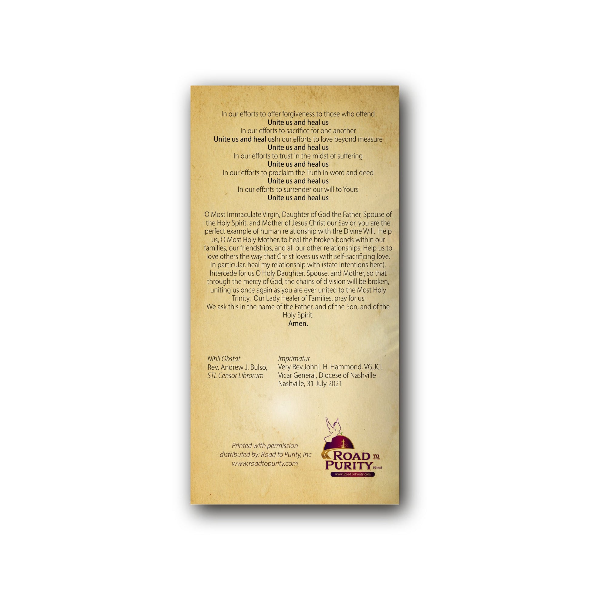 Litany to Our Lady Healer of Families  - Prayer Card / 3" x 6" folded — back