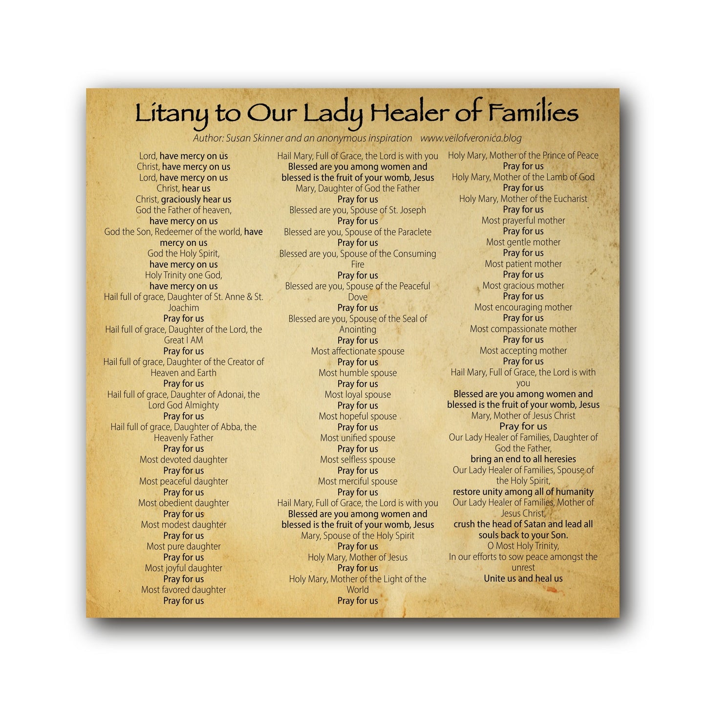Litany to Our Lady Healer of Families  - Prayer Card / 3" x 6" folded — inside