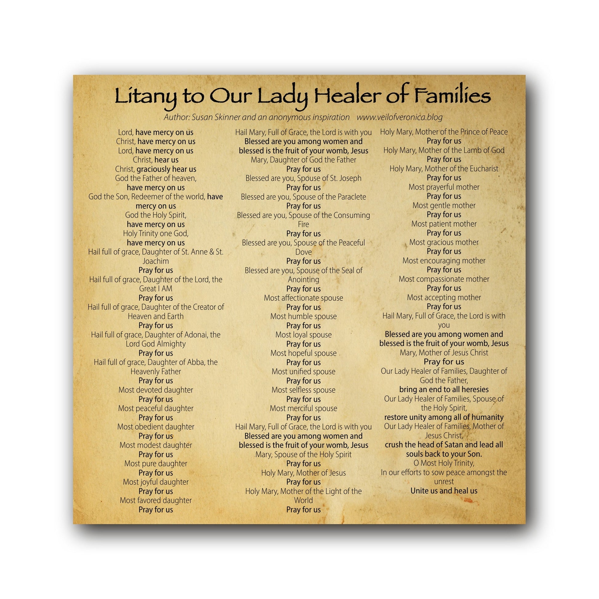 Litany to Our Lady Healer of Families  - Prayer Card / 3" x 6" folded — inside