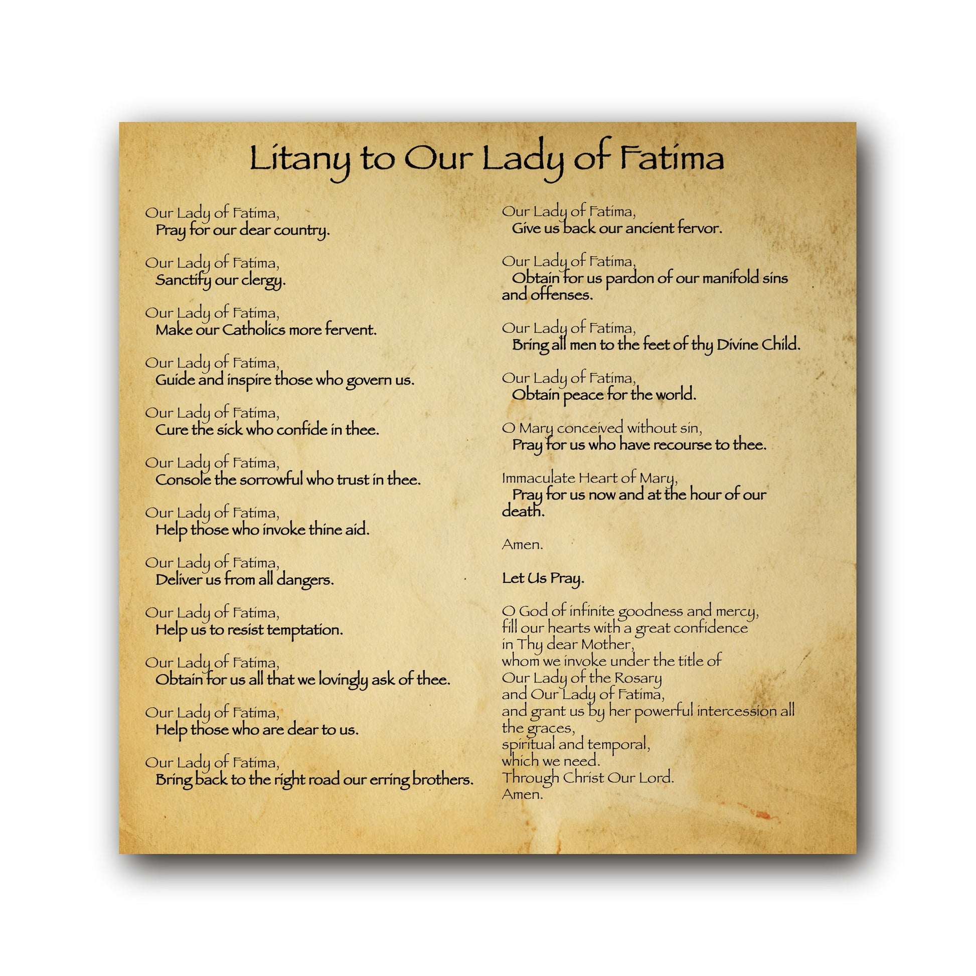 Litany to Our Lady of Fatima  - Prayer Card / 3" x 6" folded — inside