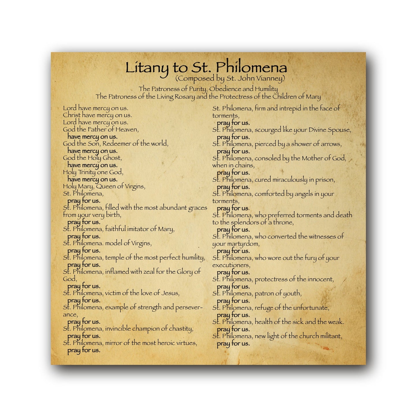 Litany to St Philomena - Prayer Card / 3" x 6" folded — inside