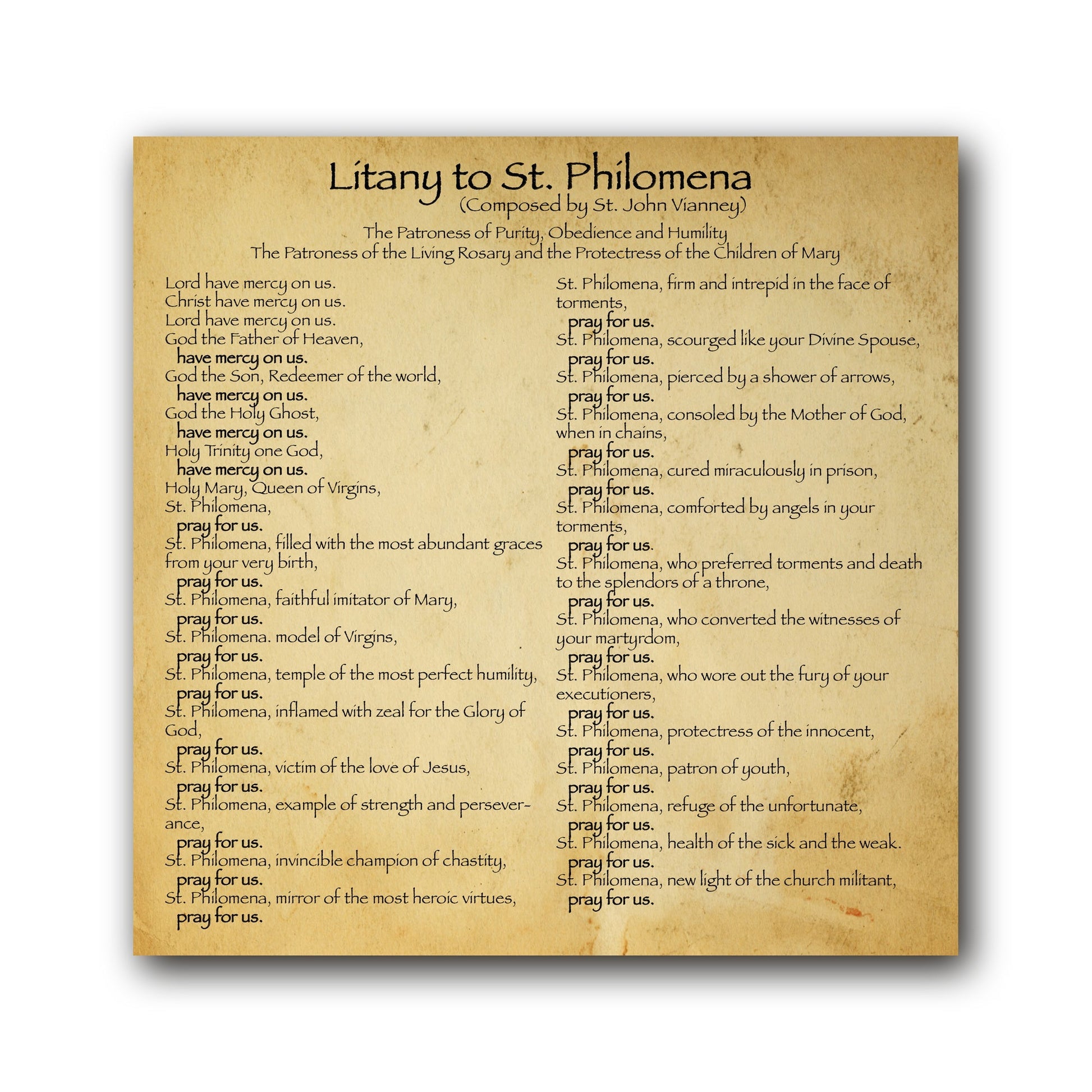 Litany to St Philomena - Prayer Card / 3" x 6" folded — inside