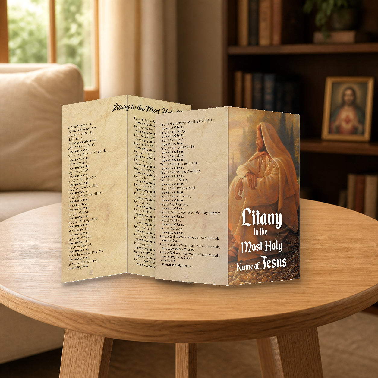 Litany to the Most Holy Name of Jesus prayer card — home mockup