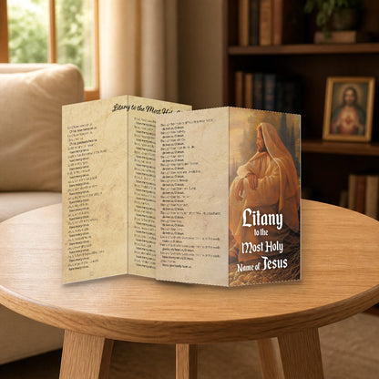 Litany to the Most Holy Name of Jesus prayer card — home mockup