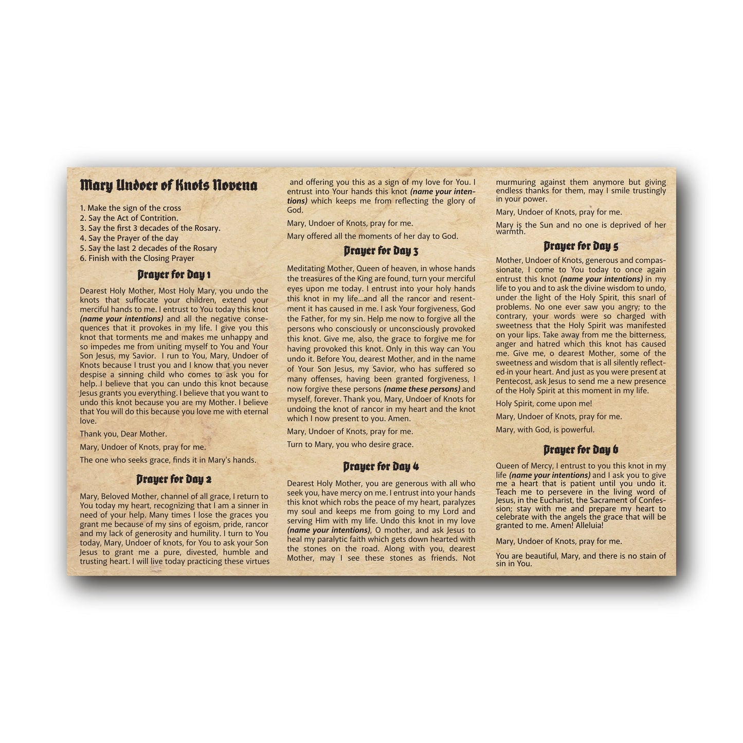 Mary Undoer of Knots novena  - Prayer Card / 3" x 6" folded — inside
