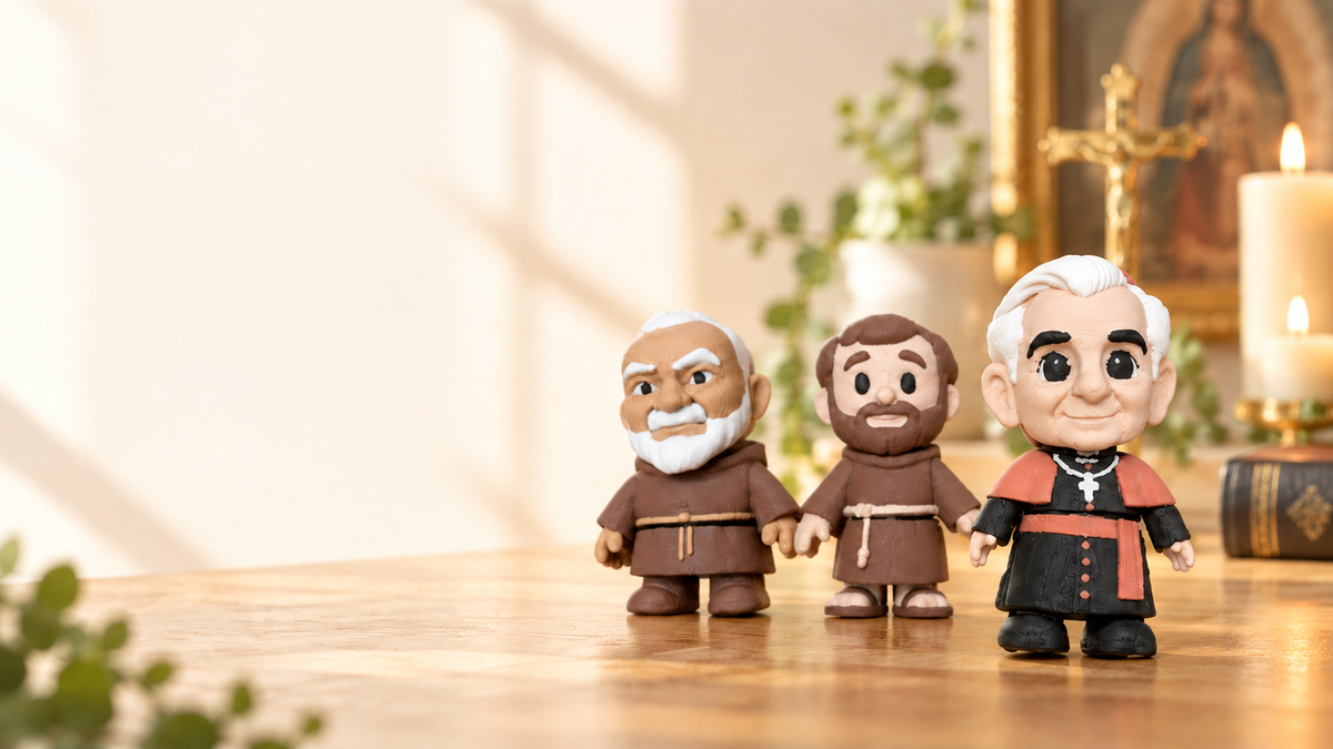 Fulton Sheen mini magnet with Padre Pio and St. Francis of Assisi