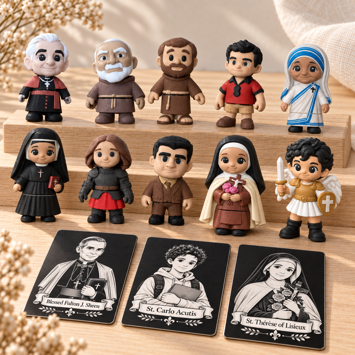 All ten flexi mini saint magnets with matching metal prayer cards — tabletop mockup