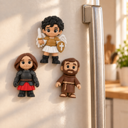 Michael, Joan of Arc and Francis of Assisi mini saint magnets on a refrigerator — lifestyle mockup