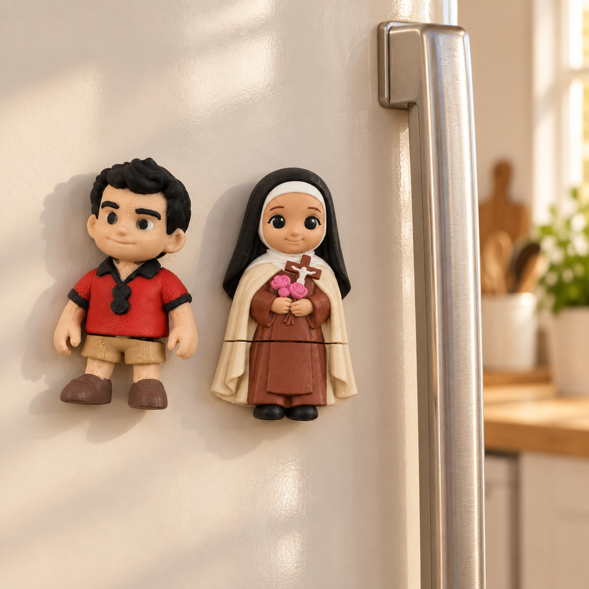 Carlo Acutis and Thérèse of Lisieux mini saint magnets on a refrigerator — lifestyle mockup