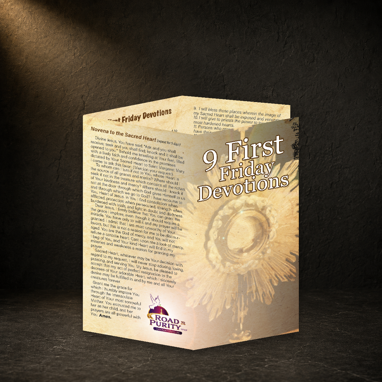 9 First Friday Devotions prayer card in a dark premium devotional setting
