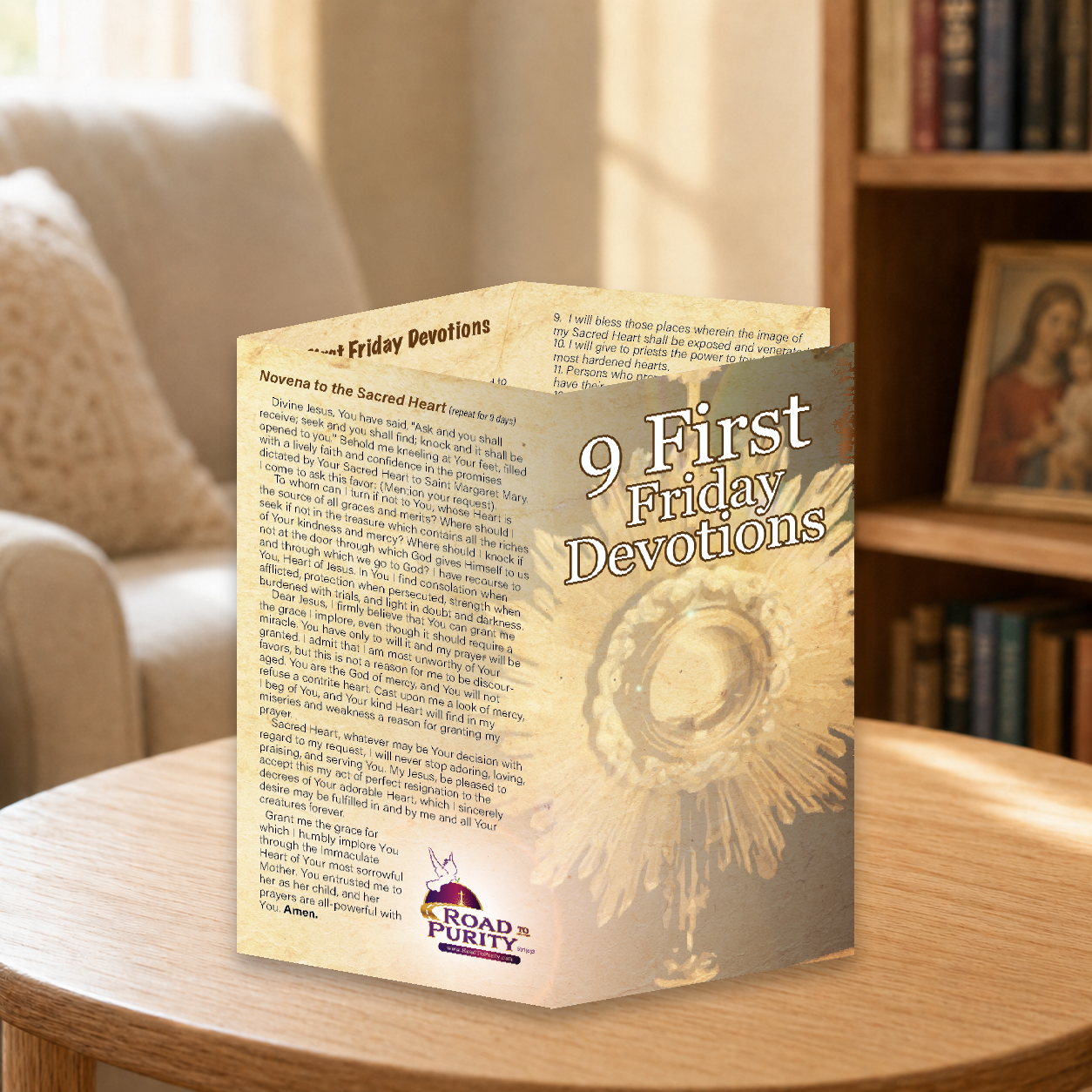 9 First Friday Devotions prayer card displayed in a warm Catholic reading area