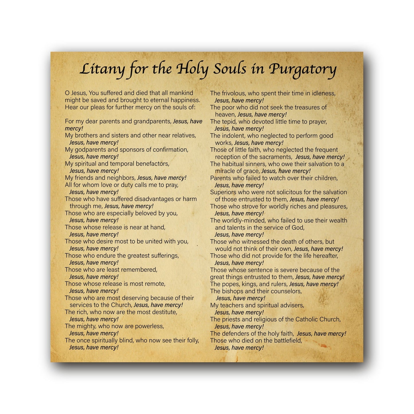 NEW! Litany for Holy Souls in Purgatory  - Prayer Card / 3" x 6" folded — inside