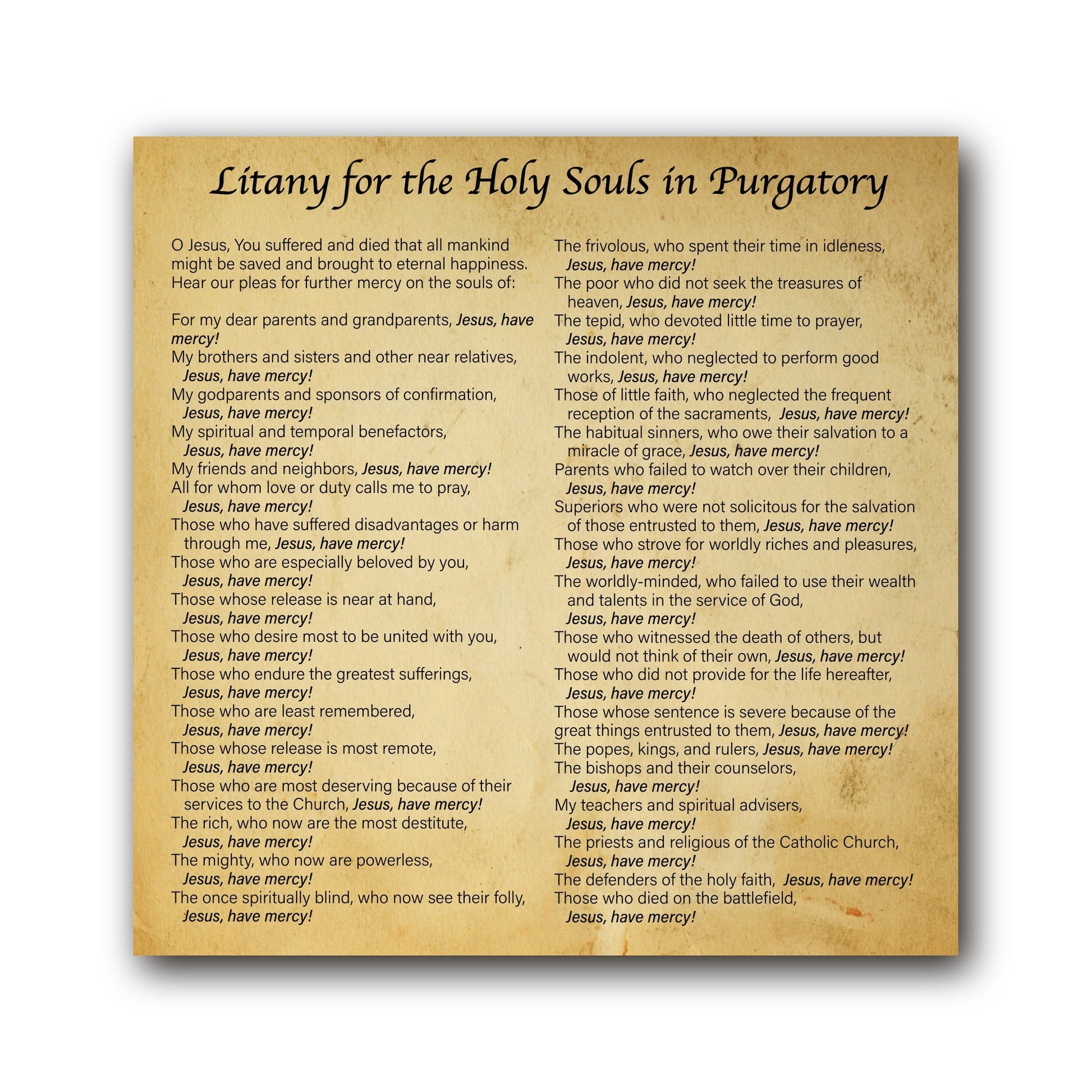 NEW! Litany for Holy Souls in Purgatory  - Prayer Card / 3" x 6" folded — inside