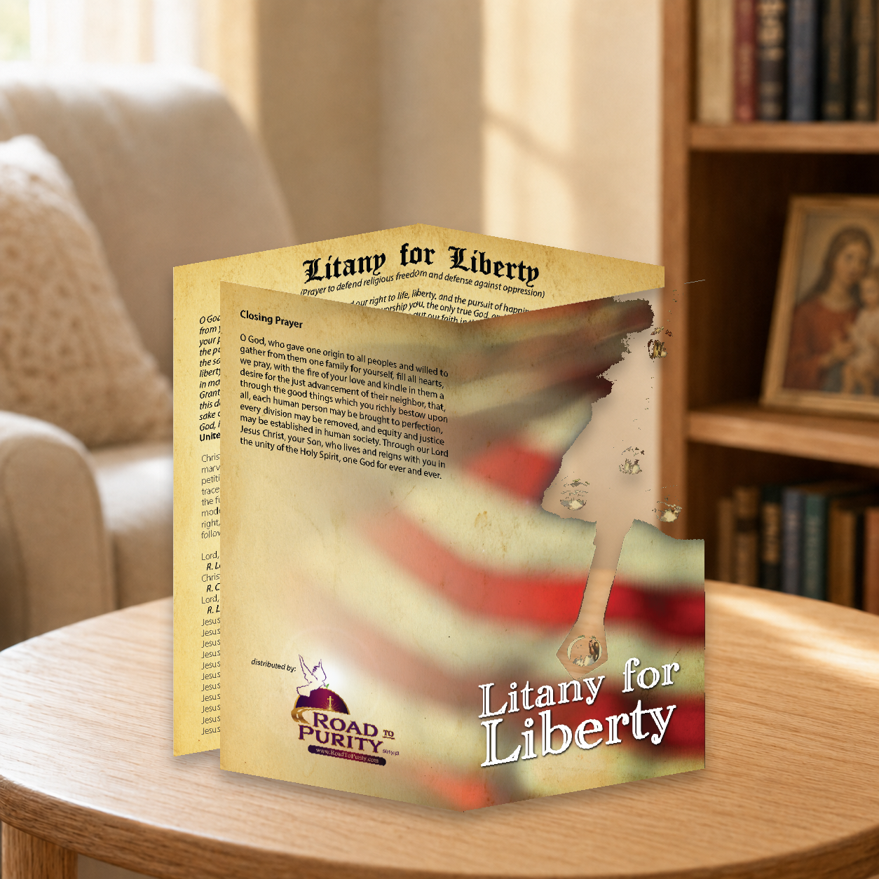 Litany for Liberty prayer card displayed in a warm Catholic reading area
