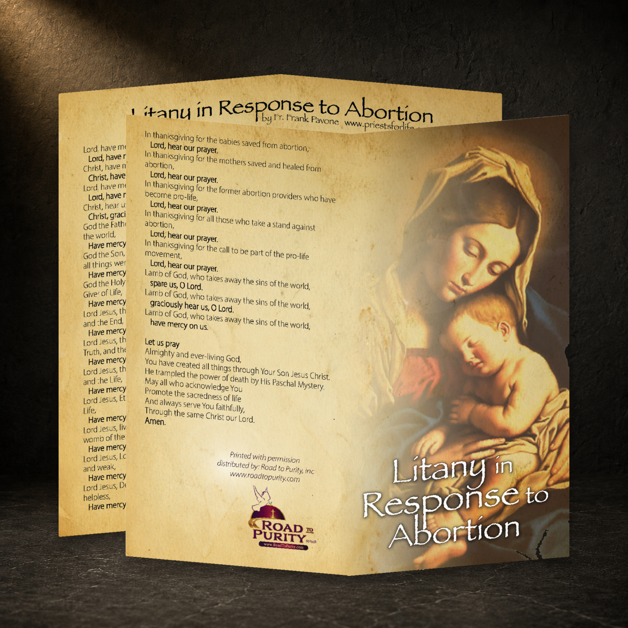 Litany in Response to Abortion prayer card in a dark premium devotional setting