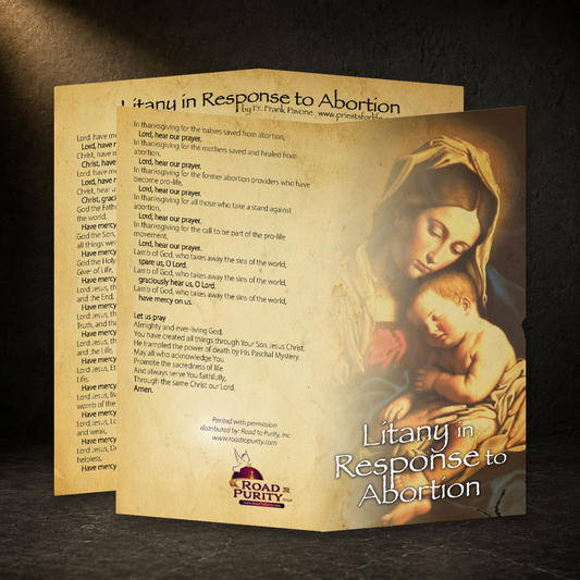 Litany in Response to Abortion prayer card in a dark premium devotional setting