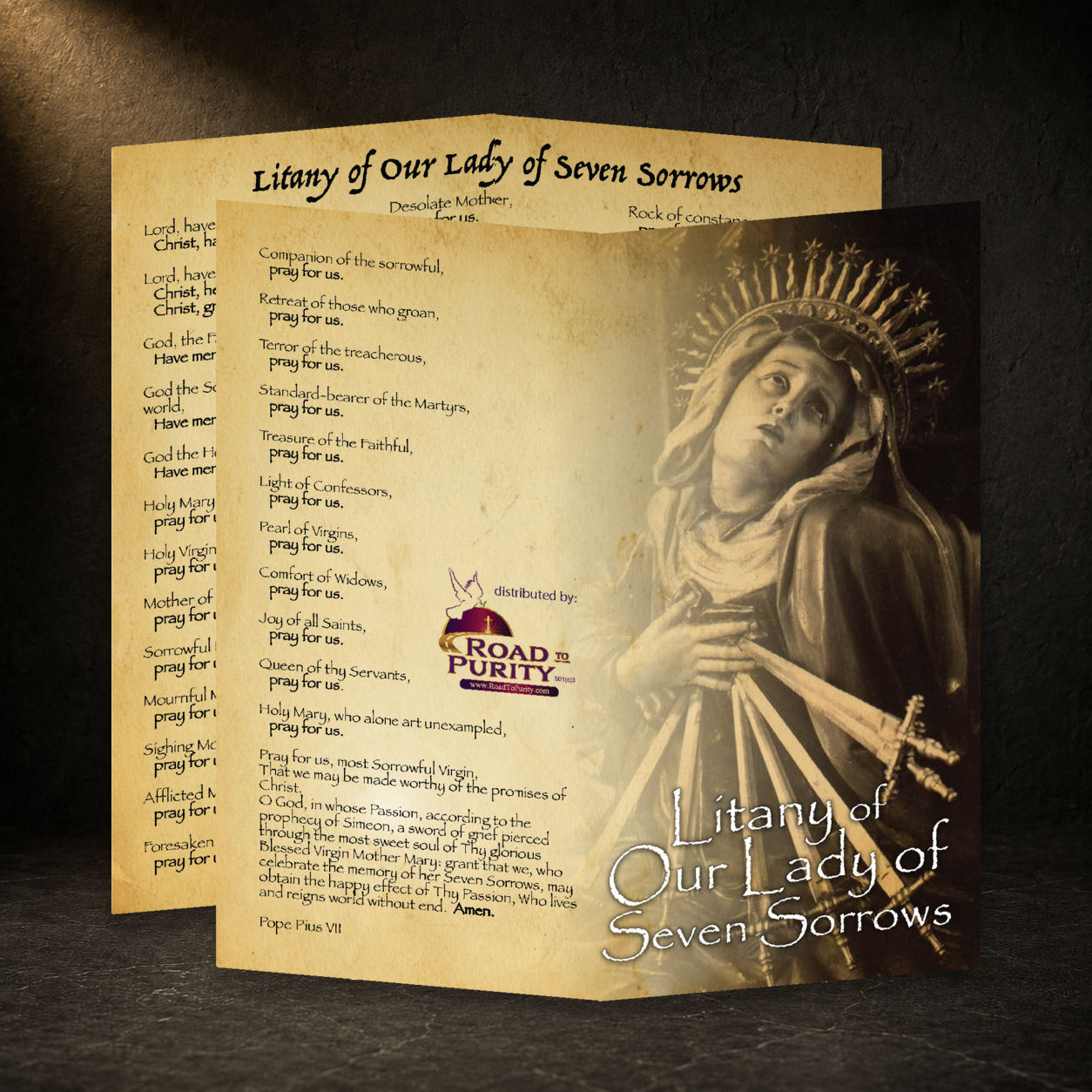 Litany of Our Lady of Seven Sorrows prayer card in a dark premium devotional setting