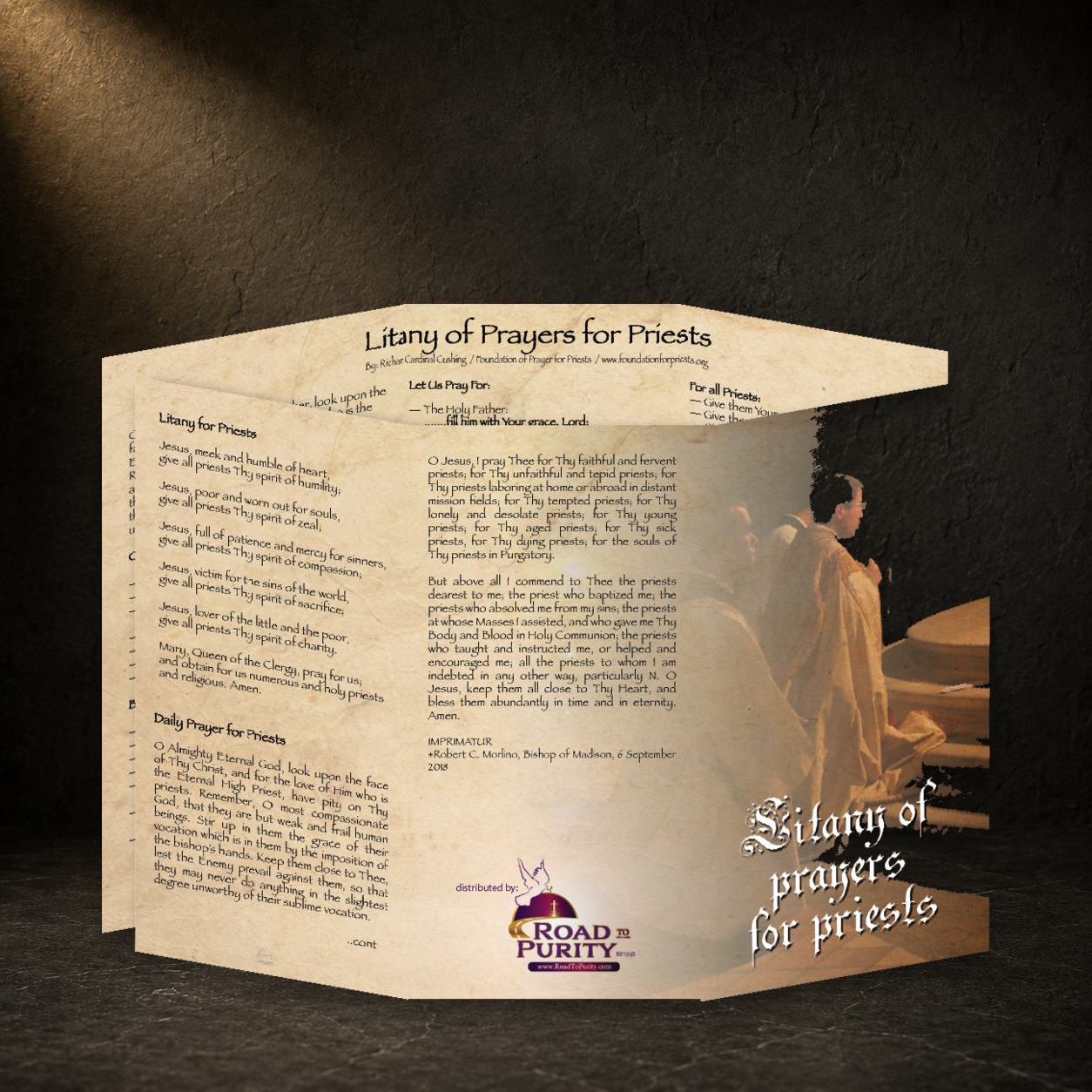 Litany of Prayers for Priests prayer card in a dark premium devotional setting