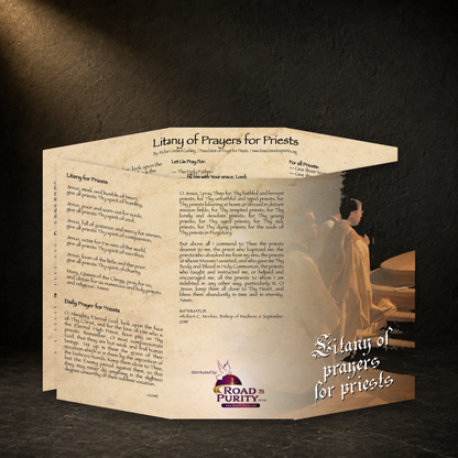 Litany of Prayers for Priests prayer card in a dark premium devotional setting