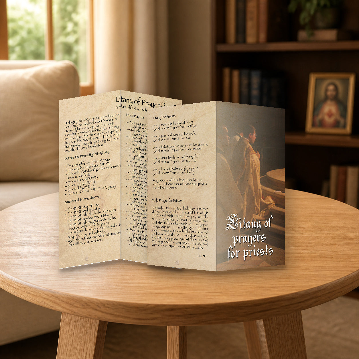Litany of Prayers for Priests prayer card — home mockup
