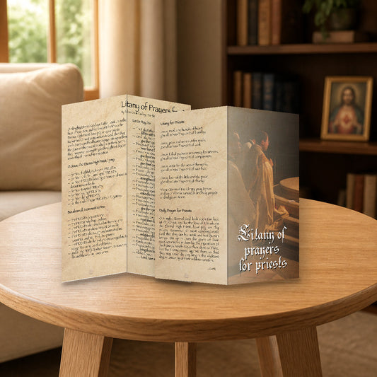 Litany of Prayers for Priests prayer card — home mockup