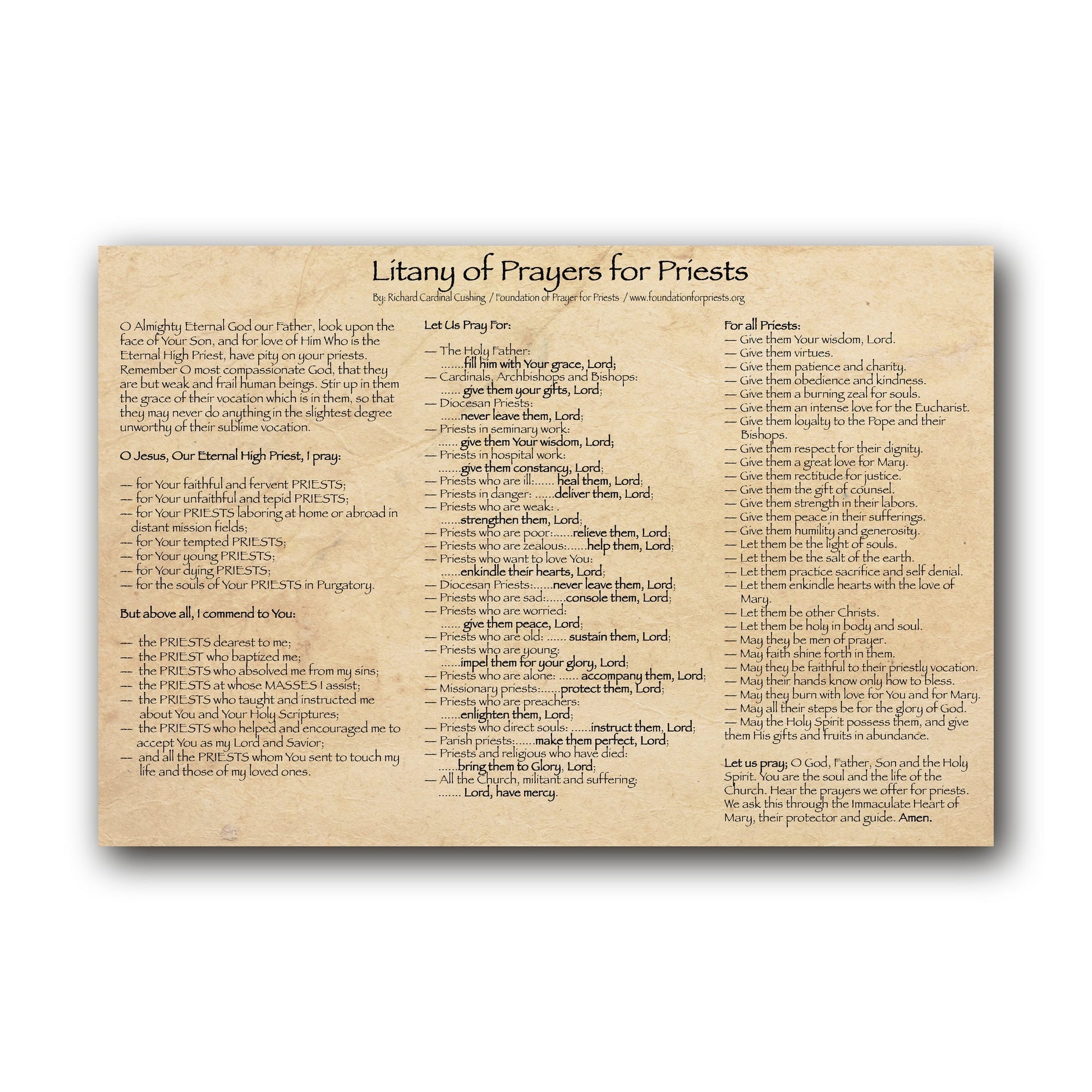 NEW! Litany of Prayers for Priests  - Prayer Card / 3" x 6" folded — inside